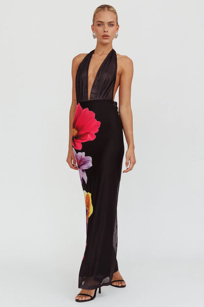 Italia Azure Halterneck Maxi Dress Flowers Black