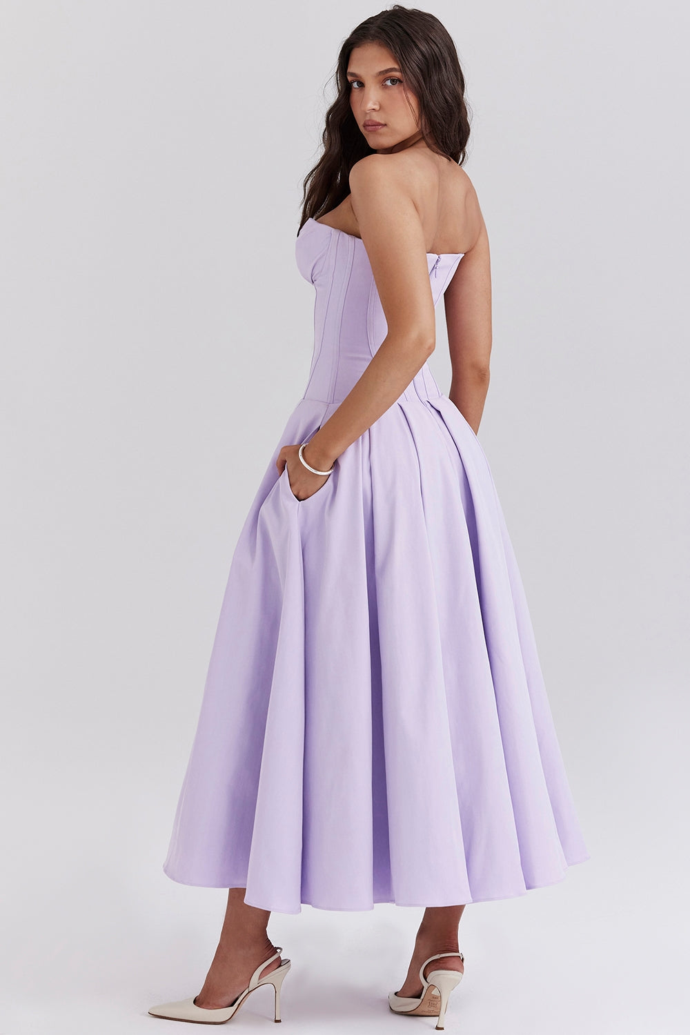 orchid twill strapless tulle midi dress