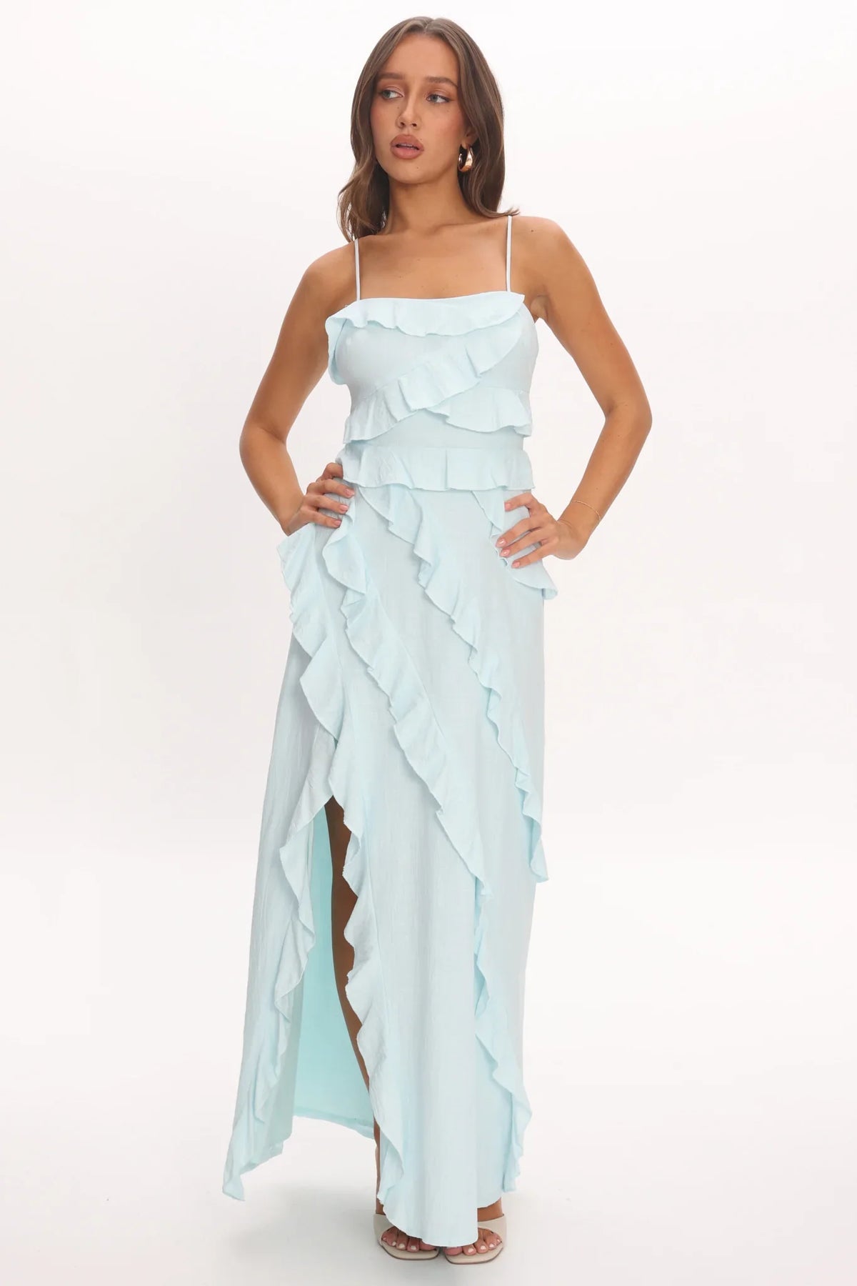 Arrabel Ruffle Split Maxi Dress Blue