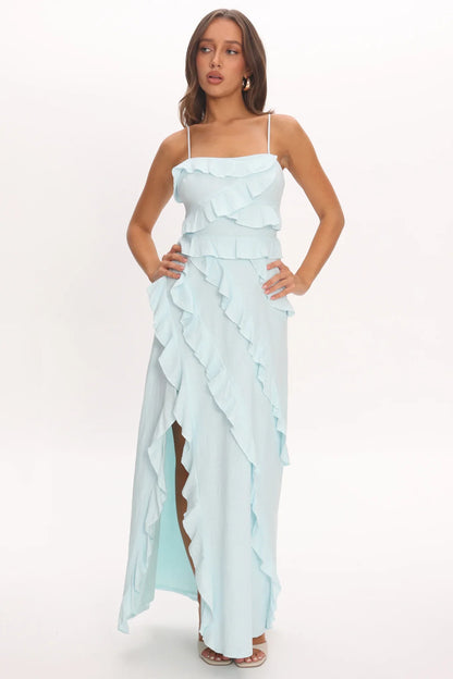 Arrabel Ruffle Split Maxi Dress Blue