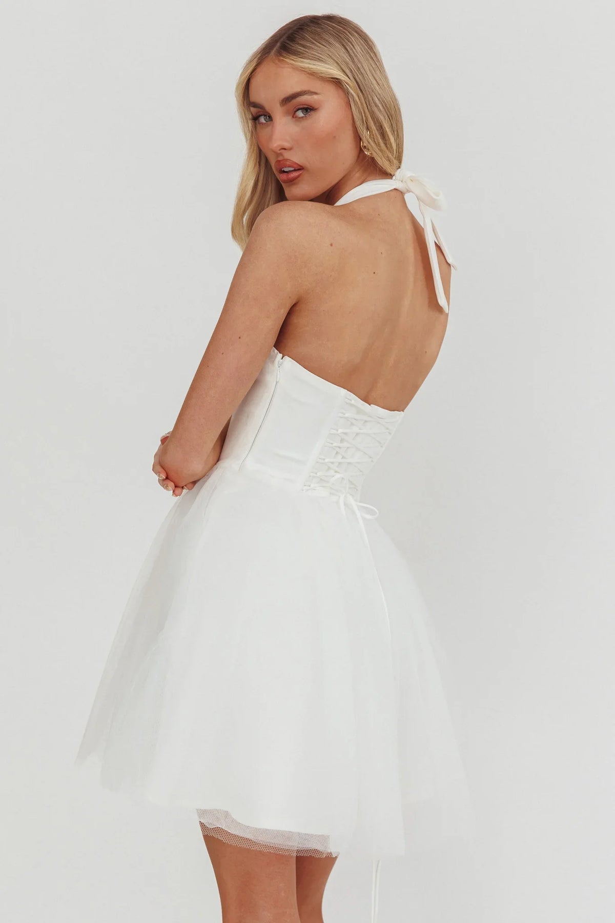 Princessa Sweetheart Neckline Halter Mini Dress White