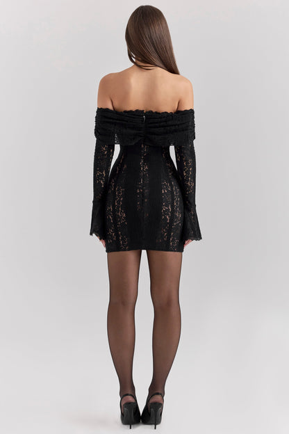 black floral lace off shoulder mini dress