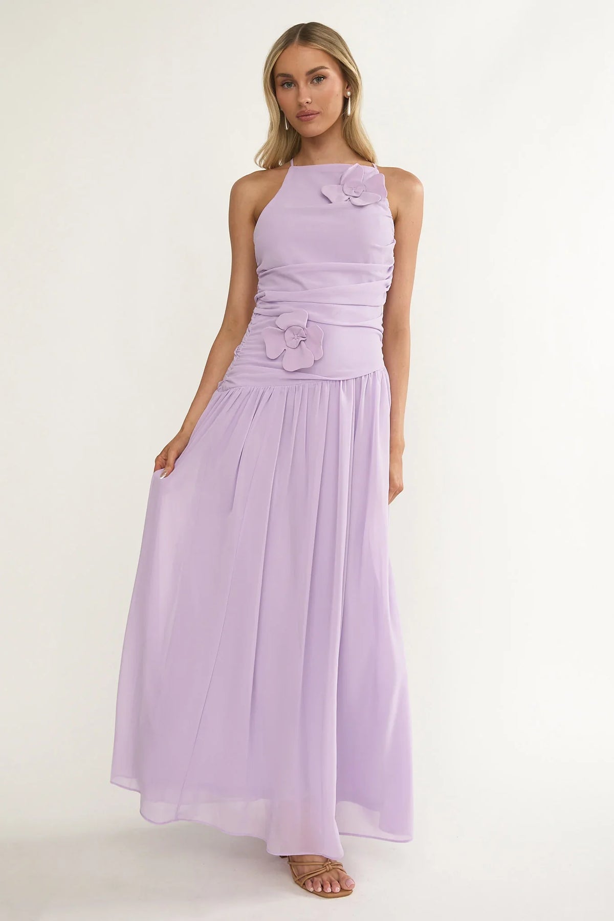 Brighten Drop Waist Flower Accent Maxi Dress Lilac