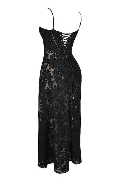 black floral lace back maxi dress