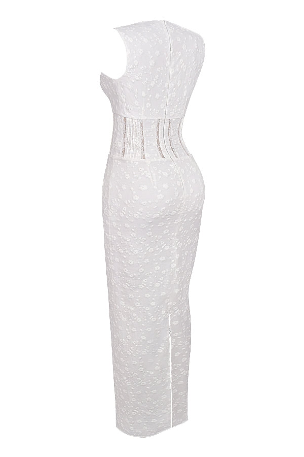 white cotton broderie anglais plunge maxi dress