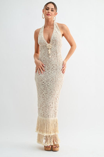 Isla Fringe Crochet Maxi Dress - Natural