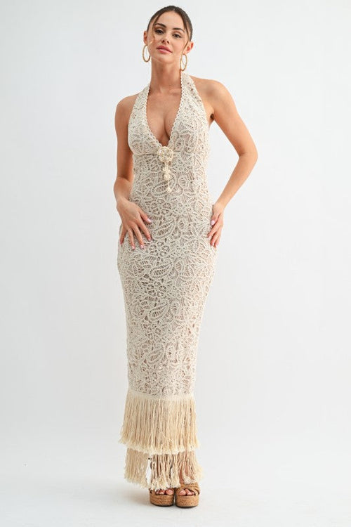 Isla Fringe Crochet Maxi Dress - Natural