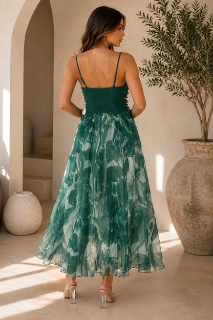 Emerald Garden Lace-Up Midi Dress