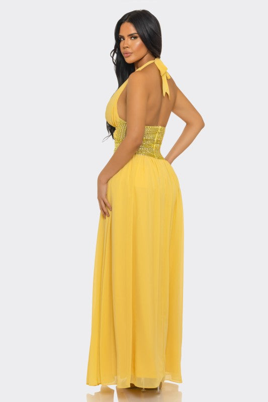 Goddess Allure Rhinestone Halter Gown- Yellow