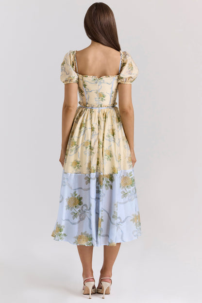 lemon vintage rose chiffon midi dress