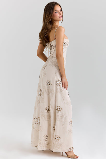 vanilla embroidered hand beaded floral maxi dress