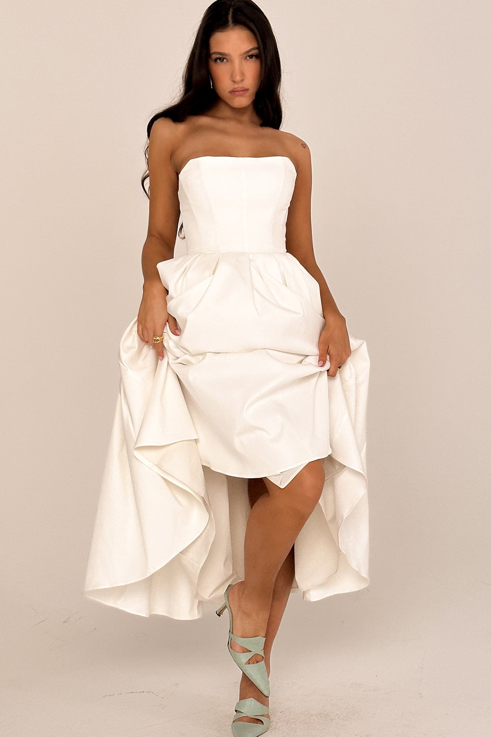 white strapless midi sundress