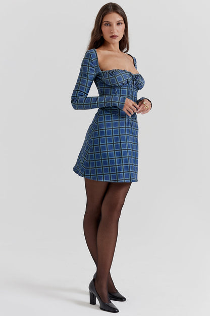 blue tartan corset mini dress