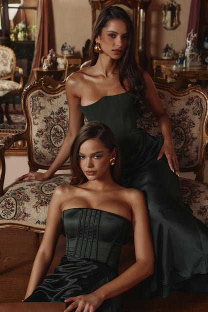 emerald satin strapless maxi dress