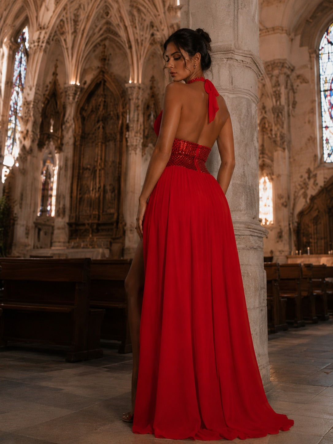 Goddess Allure Rhinestone Halter Gown- Red