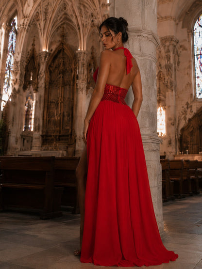 Goddess Allure Rhinestone Halter Gown- Red