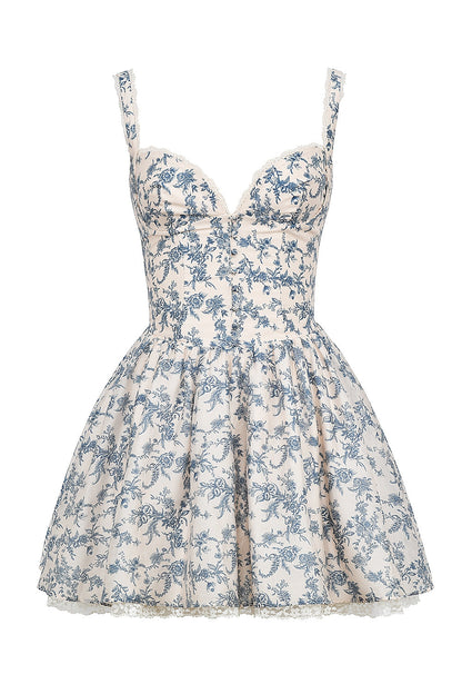 english porcelain print corset mini dress