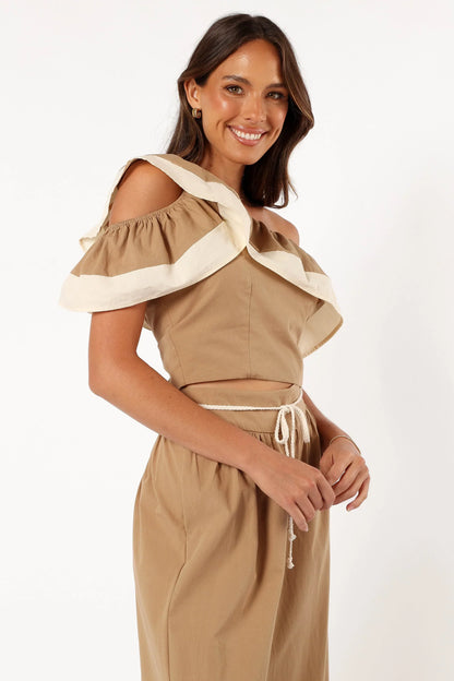 Everly One Shoulder Top - Khaki/Cream