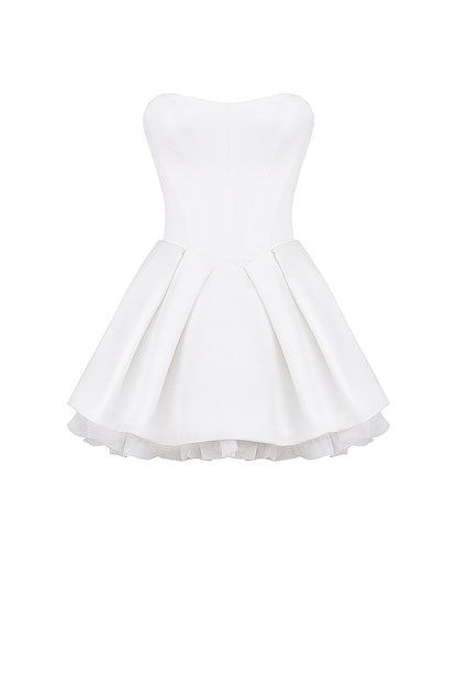 white satin strapless bow mini gown