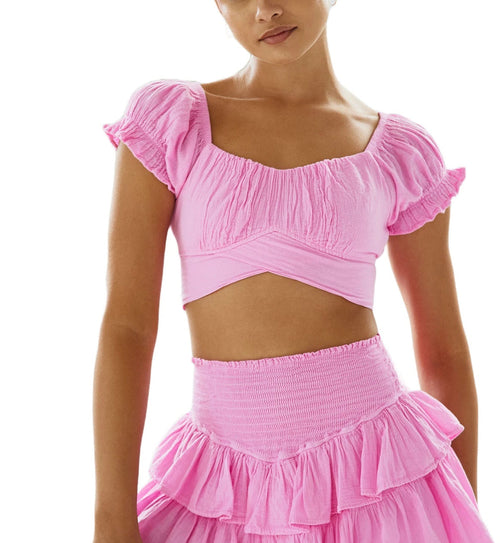 Lola Sky Hot Pink Crop Top with Soft Ruffle Sleeves