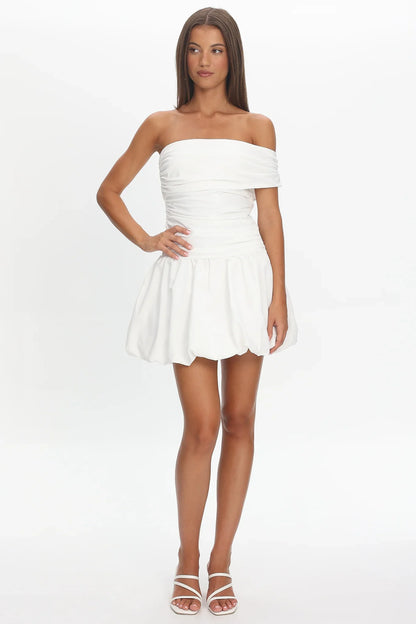 Dalayla One-Sleeve Balloon Skirt Mini Dress White