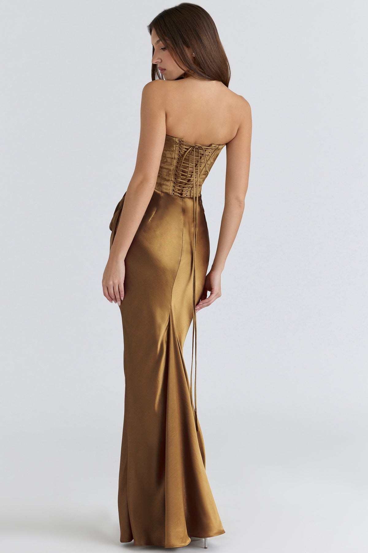 bronze brocade satin corset maxi dress