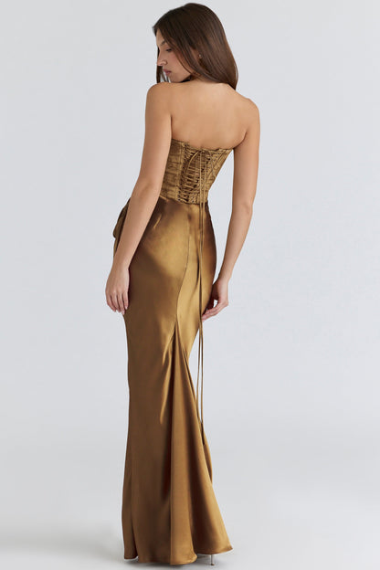 bronze brocade satin corset maxi dress