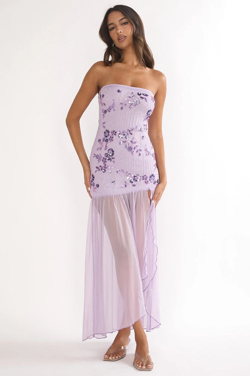 Jezra Strapless Sequin Embellished Maxi Dress Purple