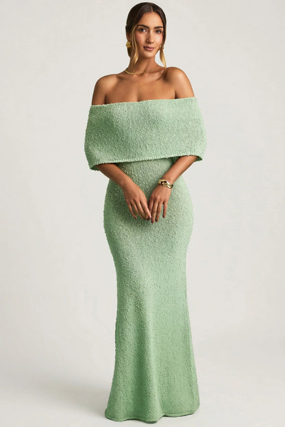 Bouclé Off-Shoulder Maxi Dress in Mint