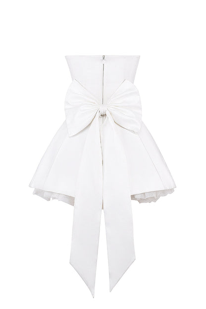 white satin strapless bow mini gown