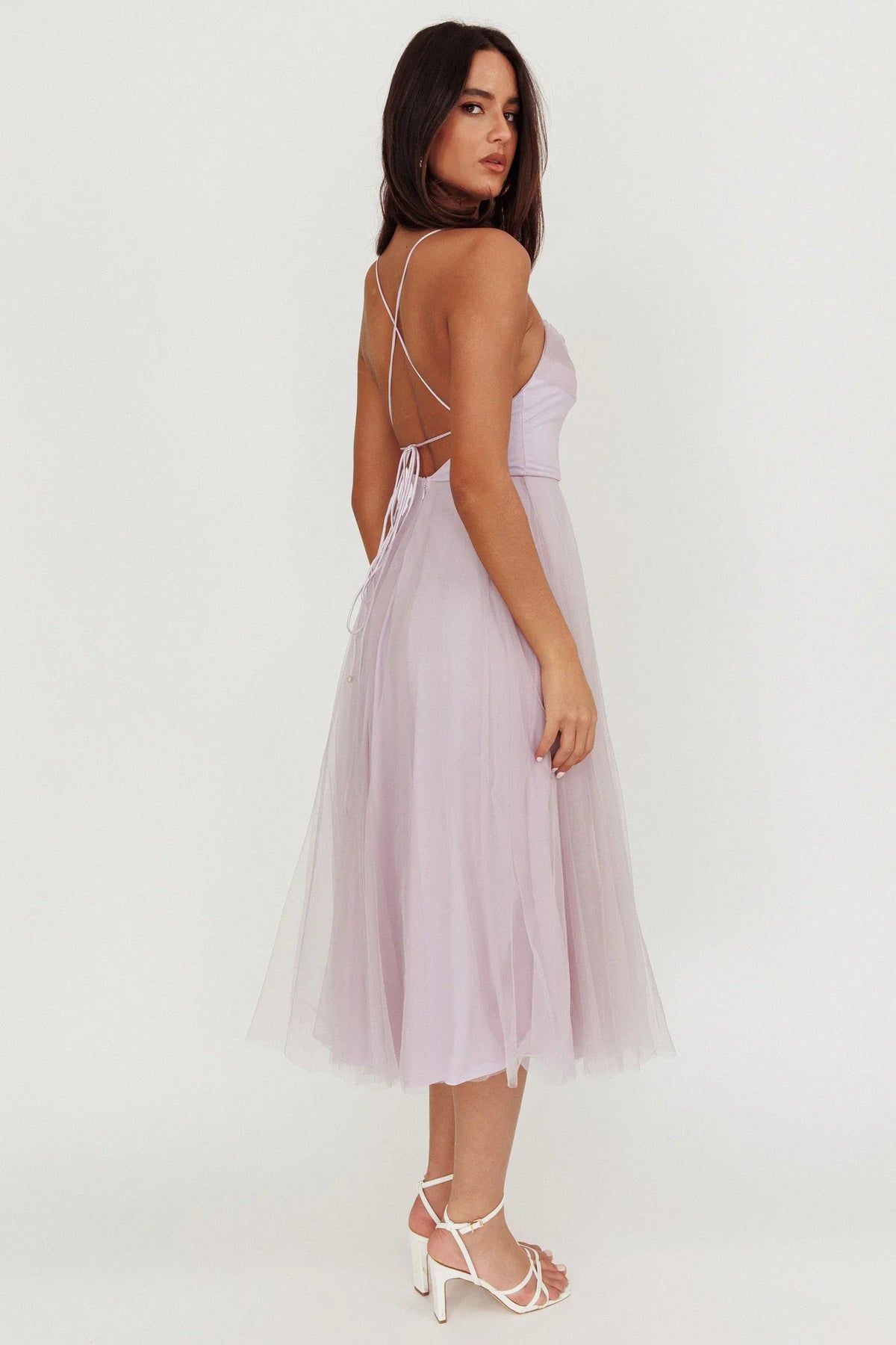 Floating By Pleated Neckline Mesh Midi Dress Lilac