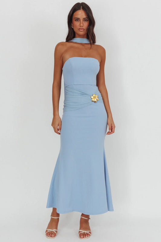 Jeramia Strapless Brooch Maxi Dress Blue