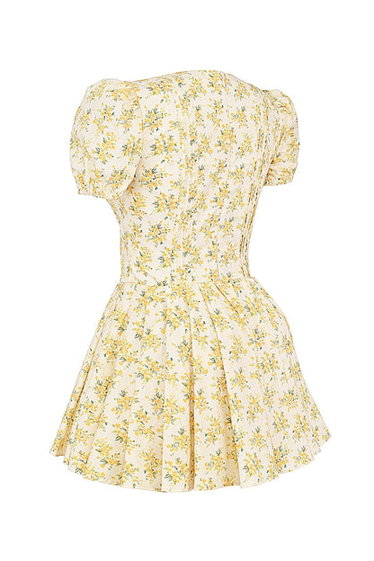 buttercup vintage floral print pleated cotton mini dress