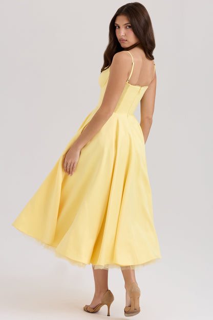 sunshine yellow satin tulle midi dress