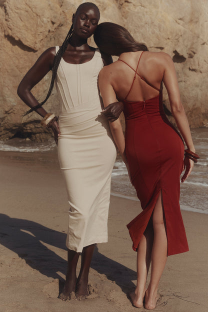 terracotta stretch cotton fitted midi dress
