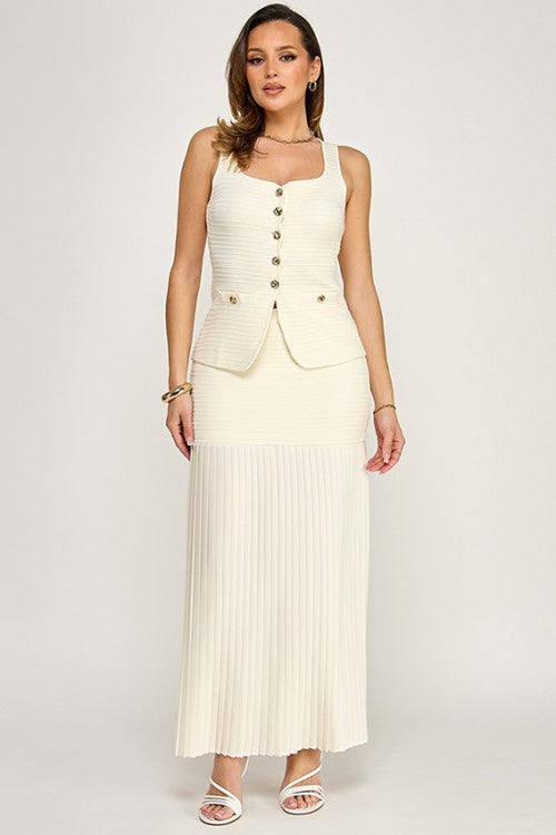 Elegant Muse Pleated Maxi Skirt Set - Ivory
