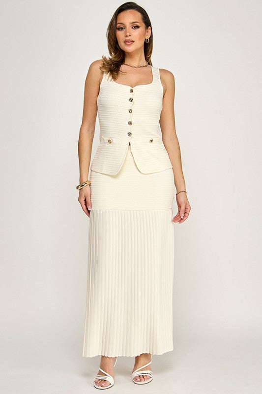 Elegant Muse Pleated Maxi Skirt Set - Ivory