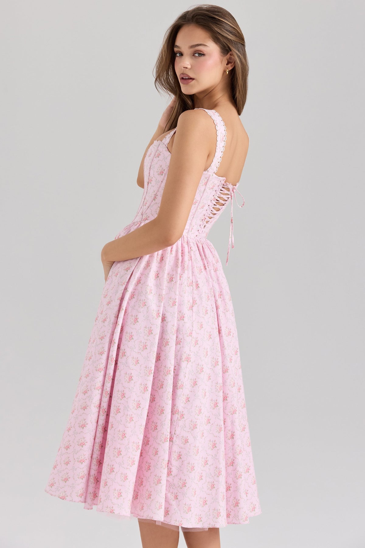 pink rose print stretch cotton corset midi dress