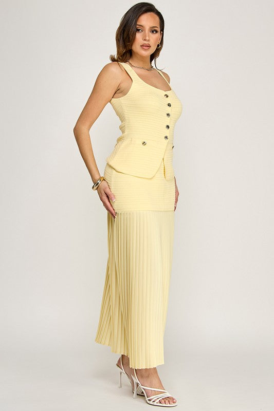 Elegant Muse Pleated Maxi Skirt Set - Yellow