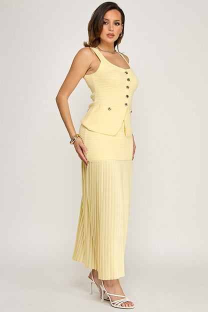 Elegant Muse Pleated Maxi Skirt Set - Yellow