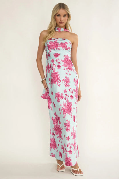 City Of Stars Strapless Scarf Maxi Dress Floral Ice Blue