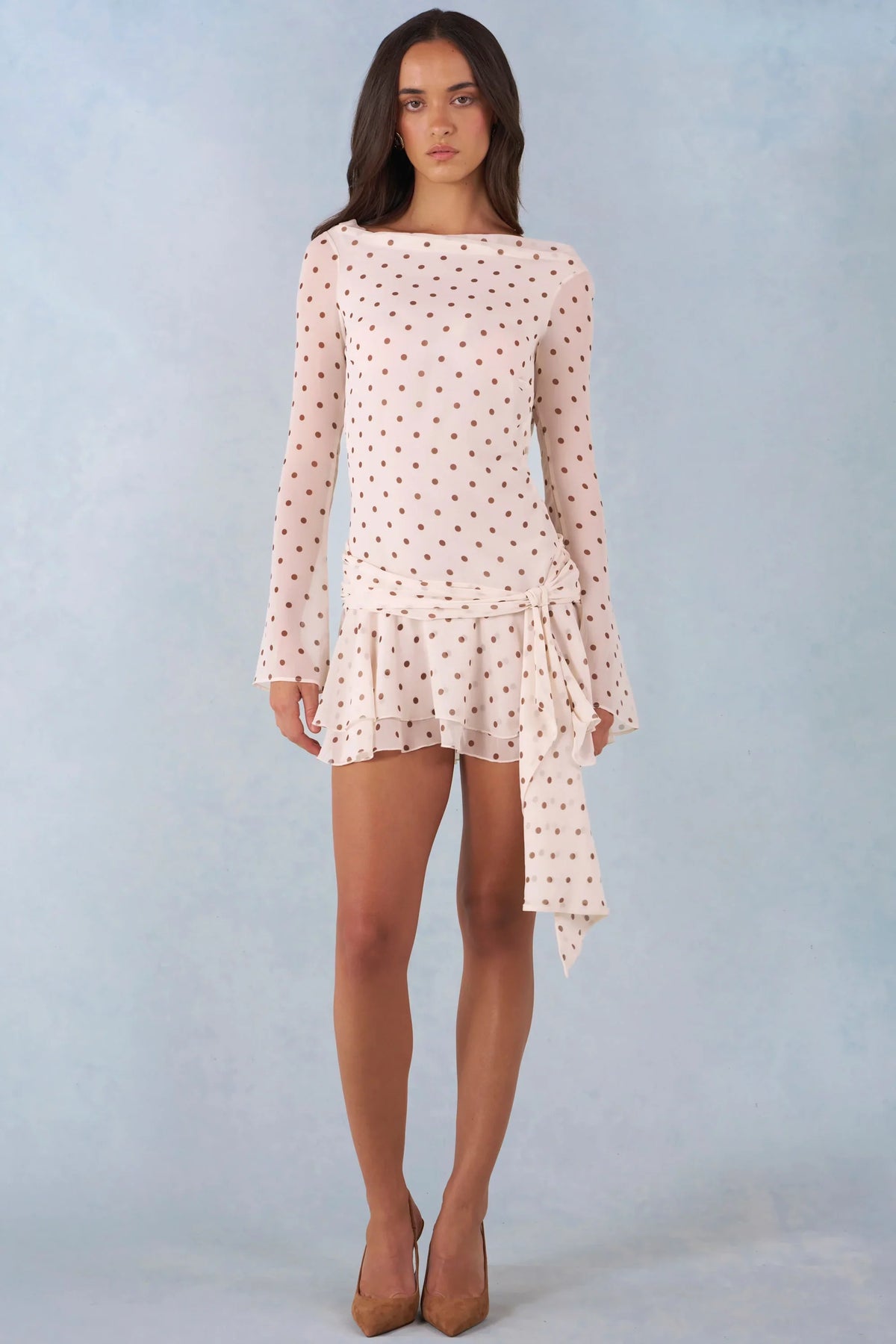 Long-Sleeve Open-Back Mini Dress in Ivory Polka Dot Print