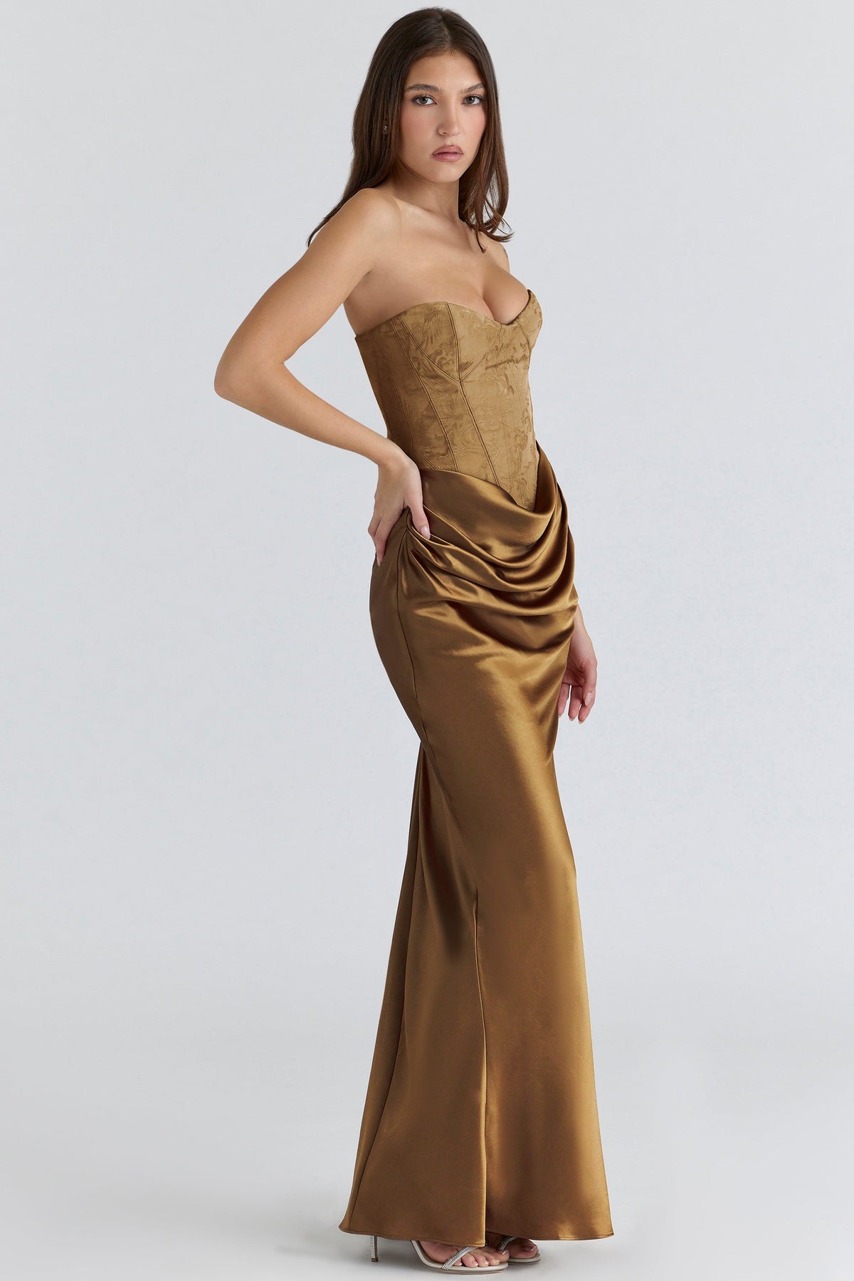 bronze brocade satin corset maxi dress