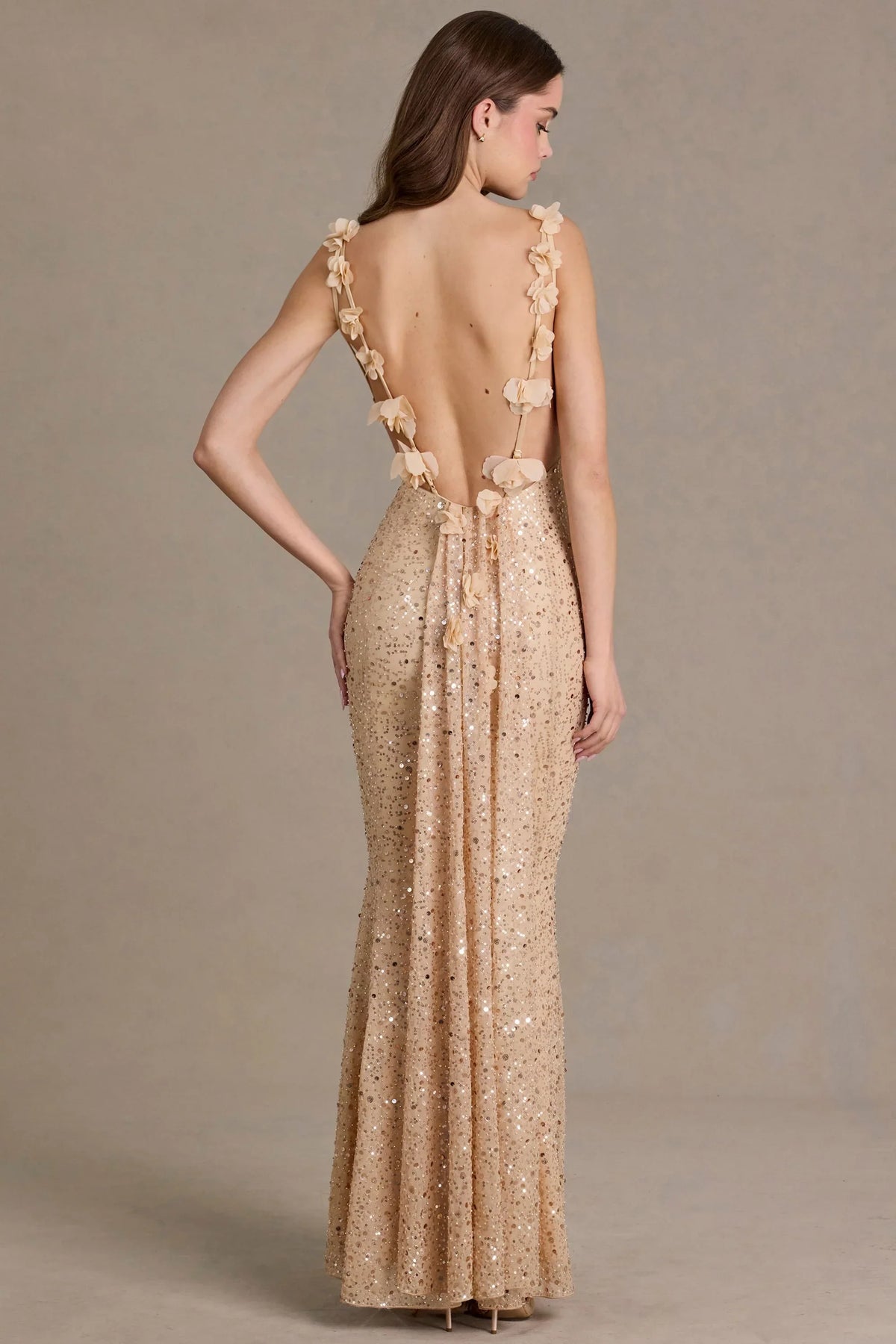 Embellished Open-Back Maxi Dress in Gold