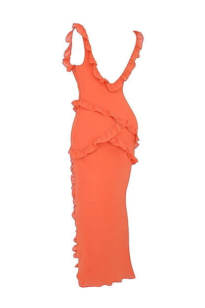 flame orange ruffle maxi dress