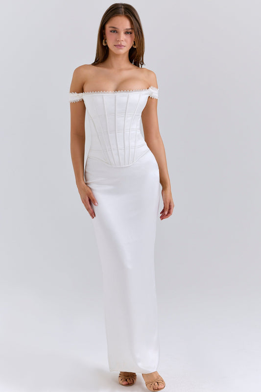 ivory satin corset maxi dress