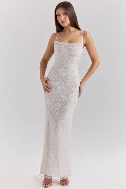 silver pearl embellished maxi dress