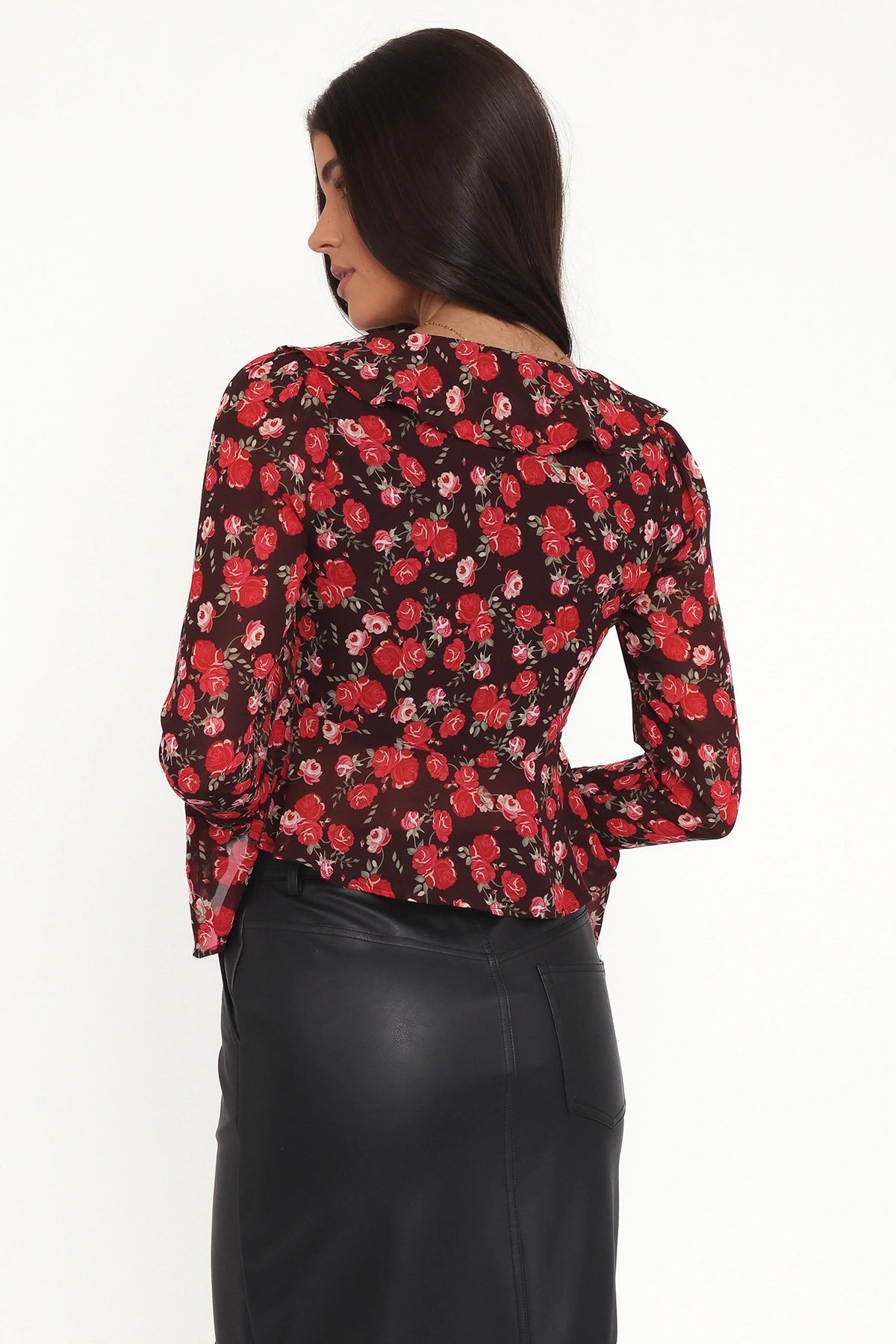 Aveline Chiffon Ruffle Front Top - Brown Floral