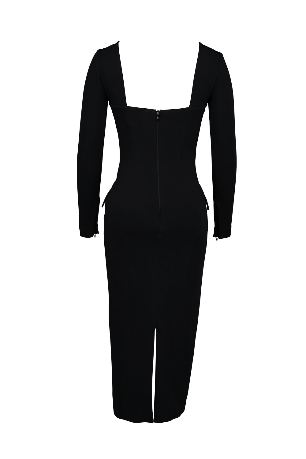 black stretch crepe long sleeve midi dress