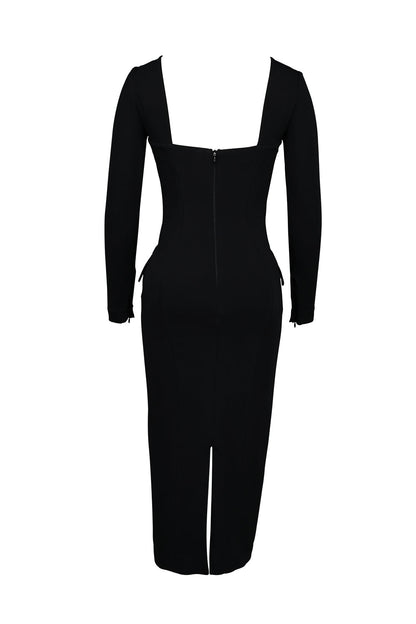 black stretch crepe long sleeve midi dress